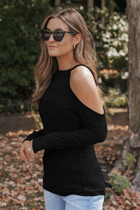 Round Neck Cold Shoulder Long Sleeve Top Trandify Deal