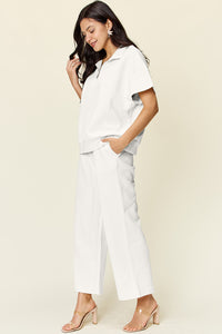 Double Take Full Size Texture Half Zip Short Sleeve Top and Pants Set - Trandify Deal