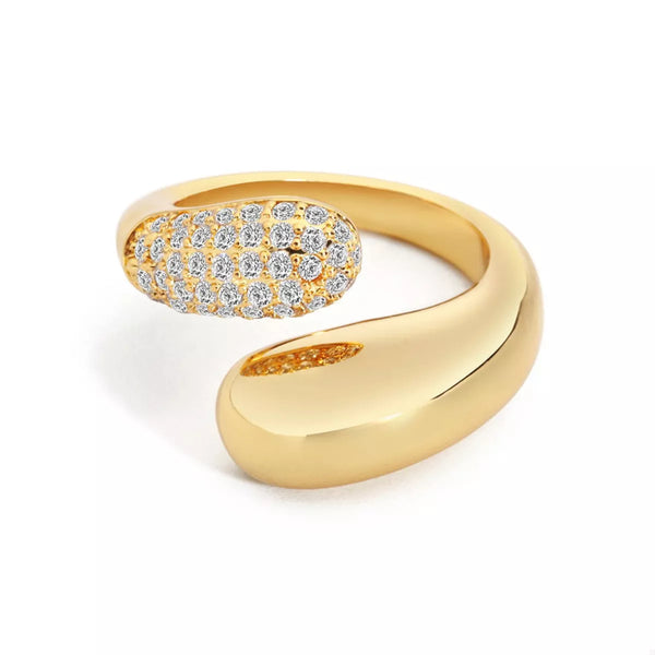 18K Gold Plated Open Ring with Crystal on a model's hand, showcasing its stackable design