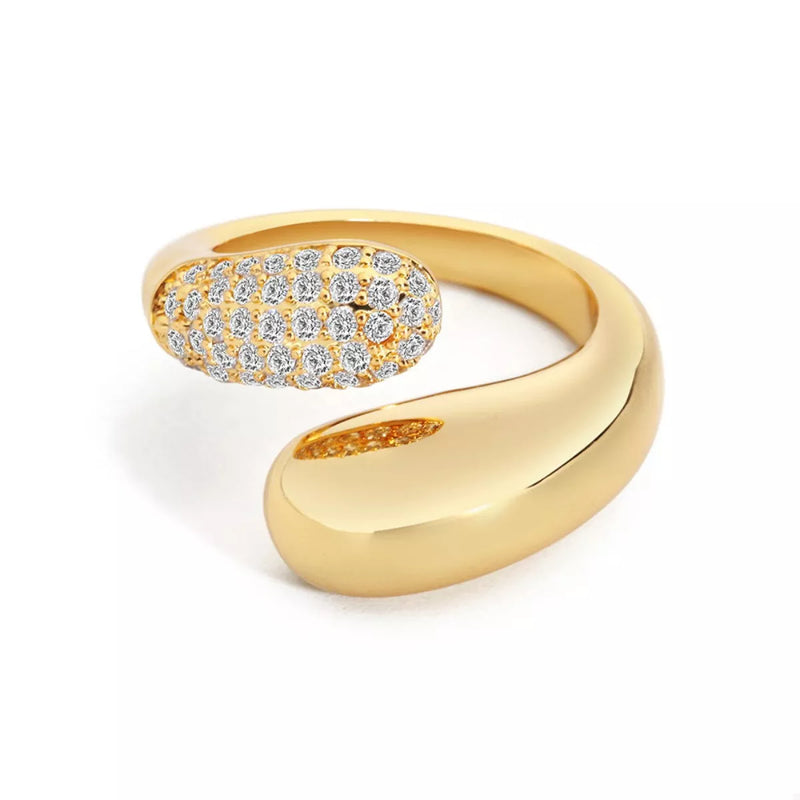18K Gold Plated Open Ring with Crystal on a model's hand, showcasing its stackable design