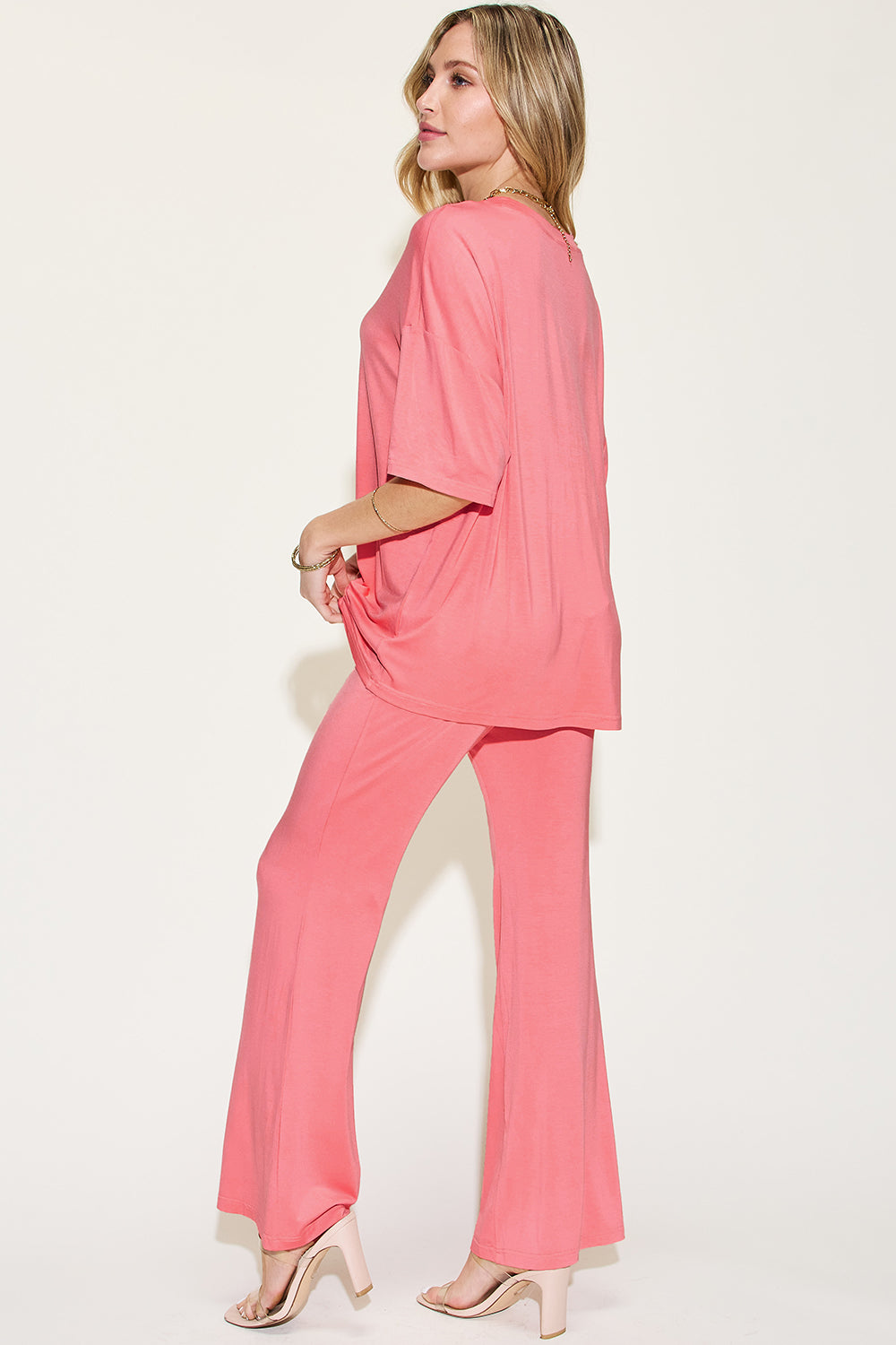 Basic Bae Full Size Bamboo Drop Shoulder T-Shirt and Flare Pants Set Trandify Deal