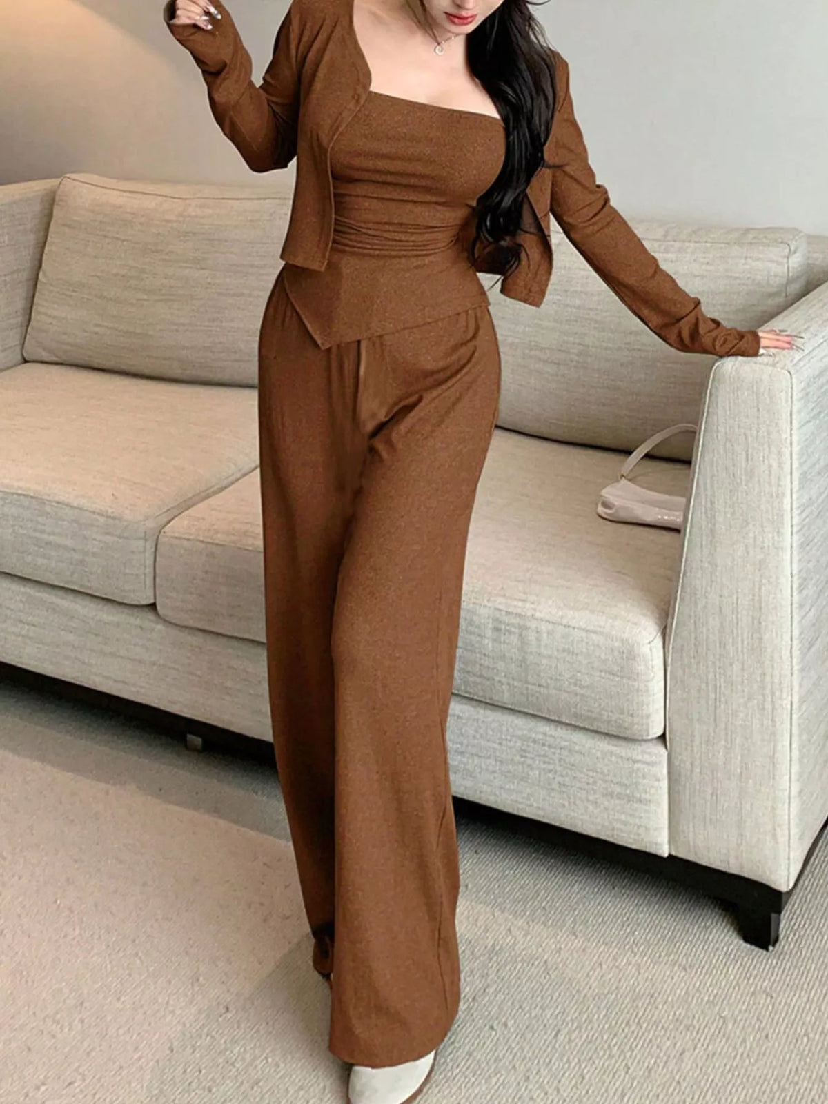 Women's 3-Piece Outfit: Tube Top, Cardigan & Wide-Leg Pants Set