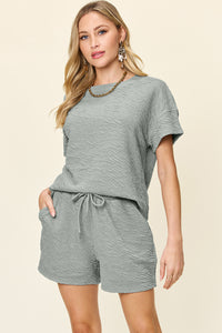 Double Take Full Size Texture Short Sleeve T-Shirt and Drawstring Shorts Set - Trandify Deal