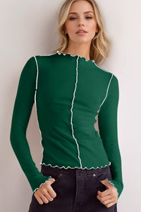 Basic Bae Contrast Trim Mock Neck Long Sleeve T-Shirt Trandify Deal
