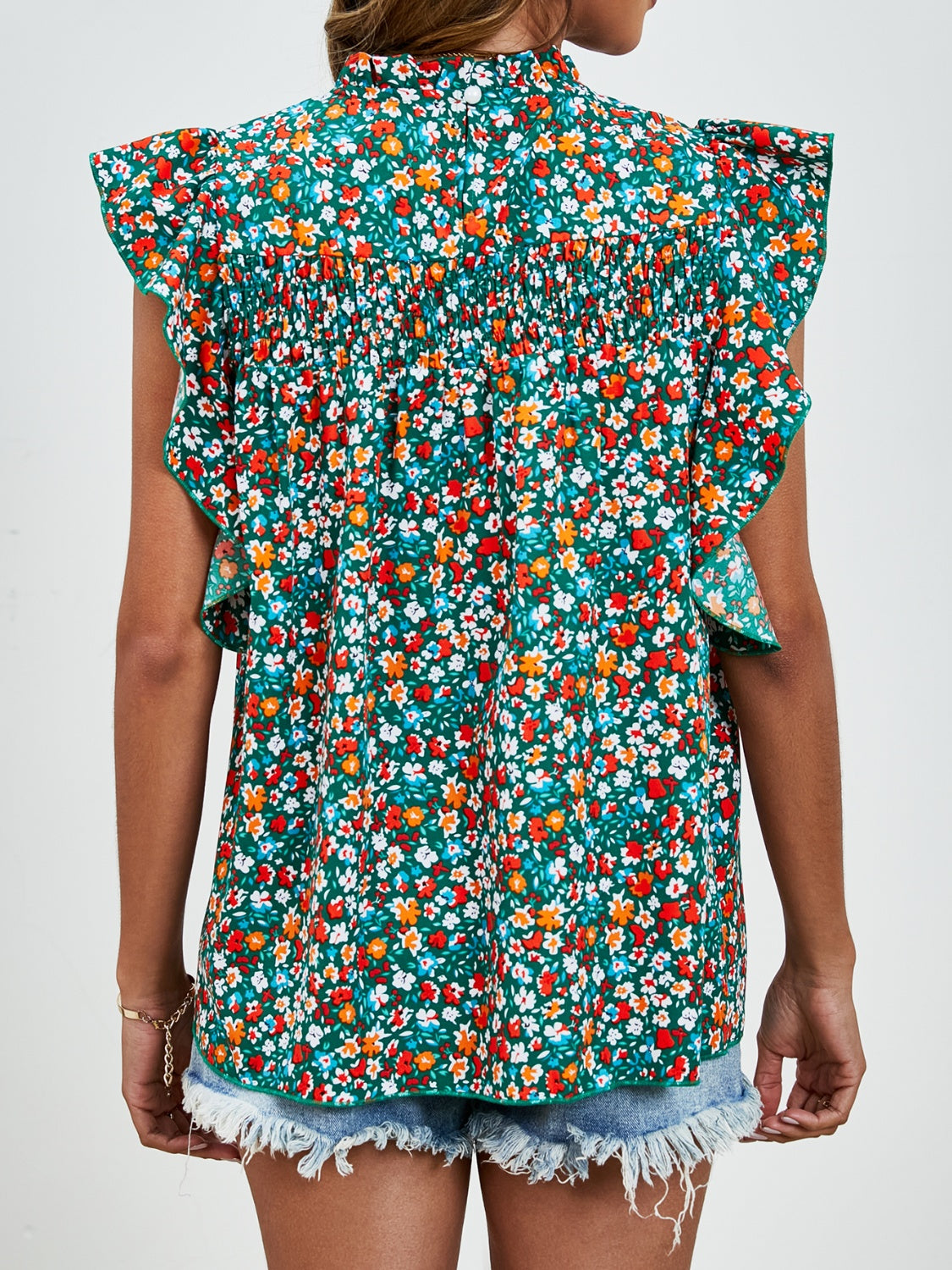 Ruffled Ditsy Floral Mock Neck Cap Sleeve Blouse Trandify deal