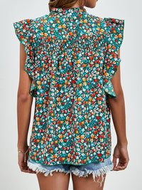 Ruffled Ditsy Floral Mock Neck Cap Sleeve Blouse Trandify deal