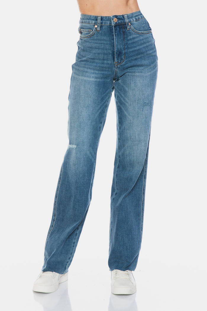 Judy Blue Full Size Tummy Control Cut Raw Hem Straight Jeans - Trandify Deal