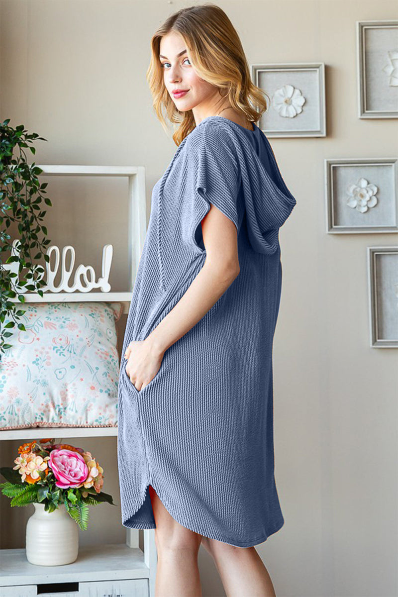 Heimish Full Size Ribbed Short Sleeve Hooded Dress Trandify deal