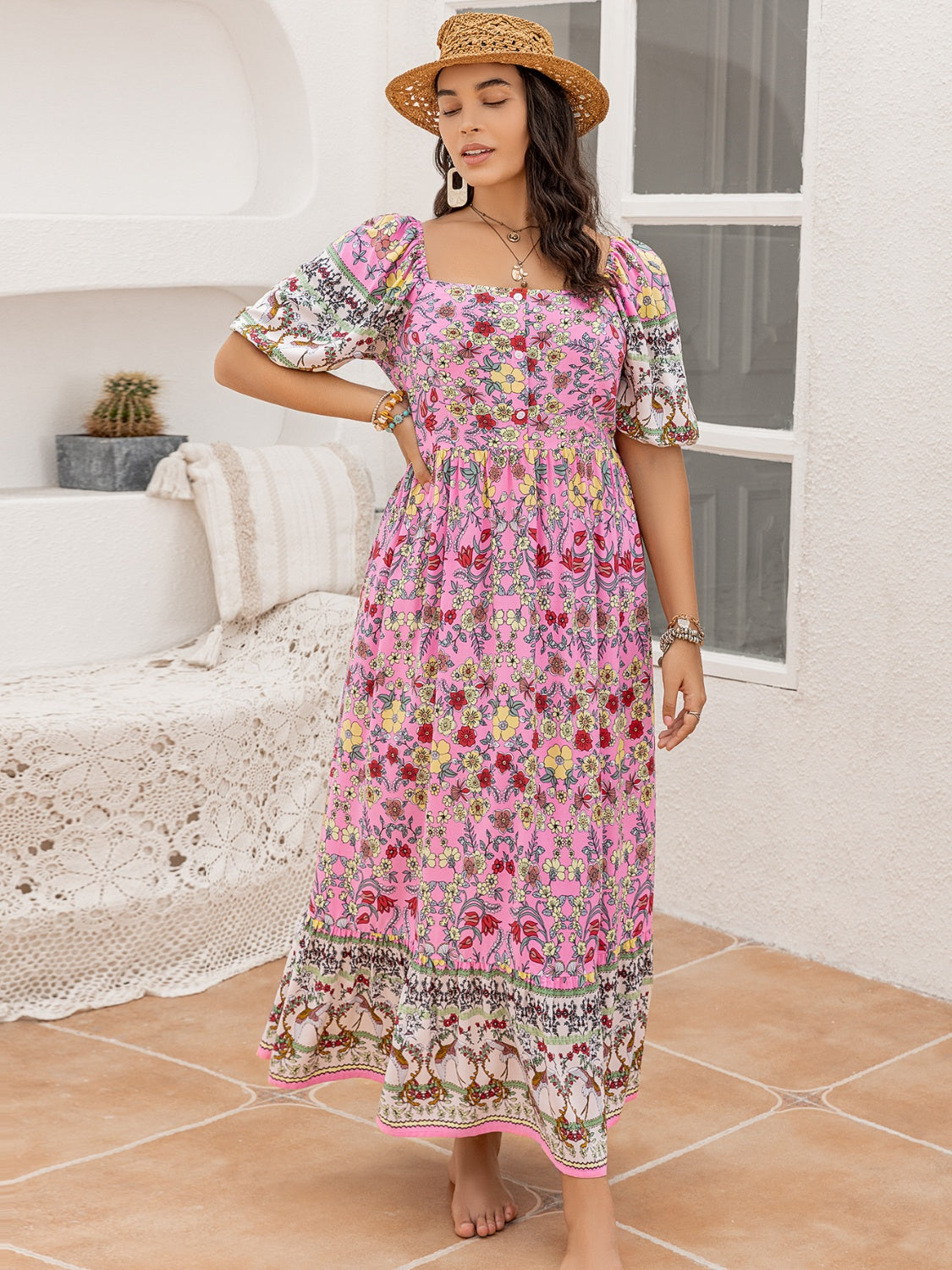 Plus Size Printed Square Neck Ruffle Hem Dress Trandify deal