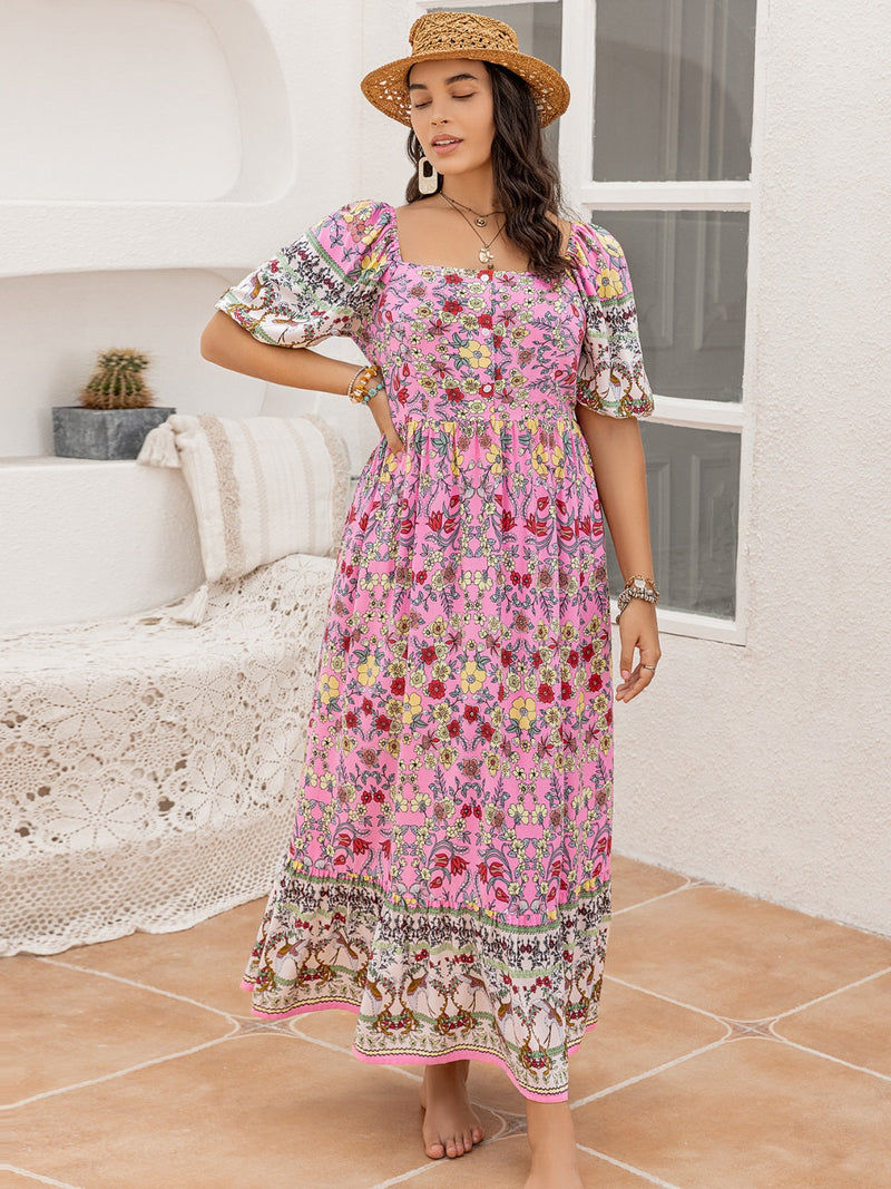 Plus Size Printed Square Neck Ruffle Hem Dress Trandify deal