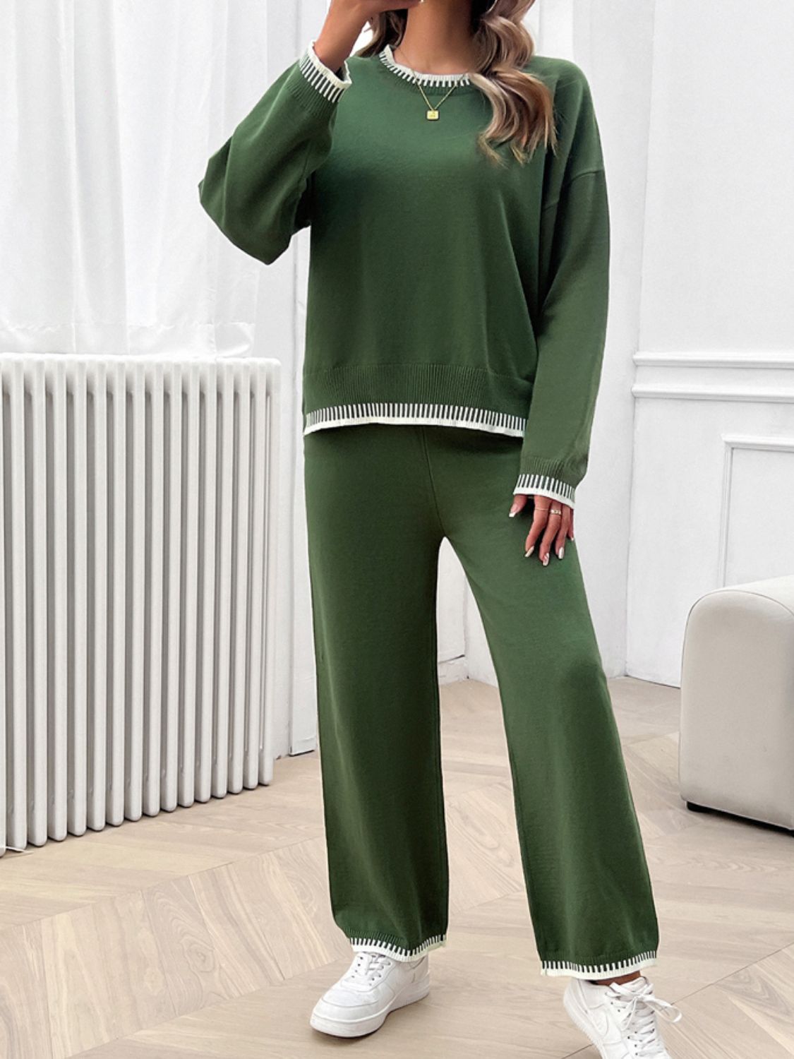 Devine Round Neck Dropped Shoulder Top and Pants Sweater Set Trandify Deal