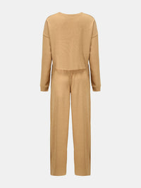 Waffle-Knit Round Neck Top and Pants Set Trandify deal