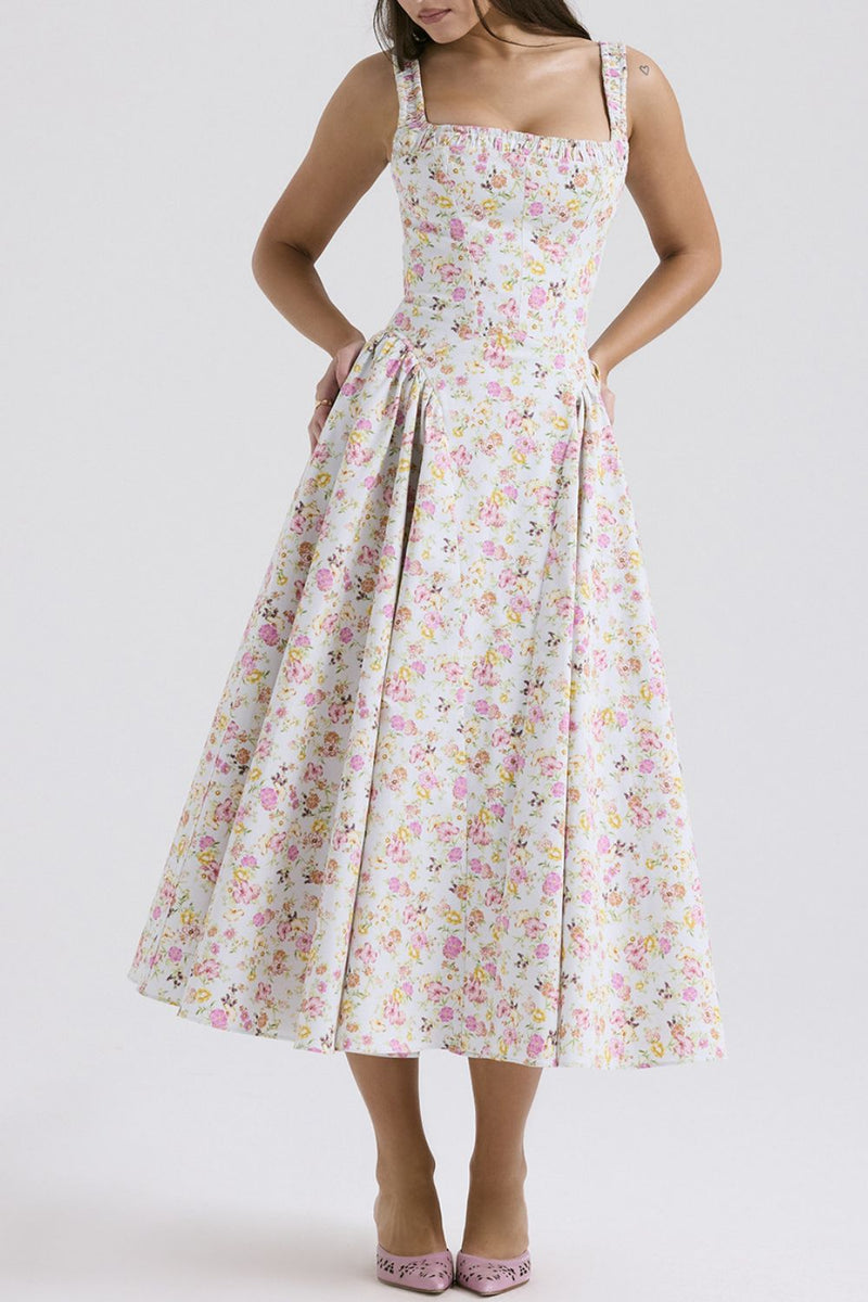 Blush pink floral square neck midi dress for women – Trendy summer boho dress – TrandifyDeal USA