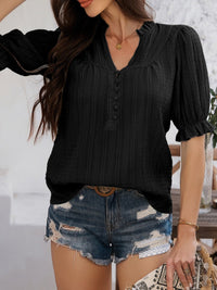 Women’s Devine Frill Notched Short Sleeve Blouse – Ruffled V-Neck Top for Casual & Office Wear