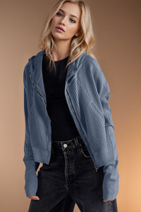 Double Take Waffle-Knit Zip Up Long Sleeve Hooded Jacket Trandify Deal