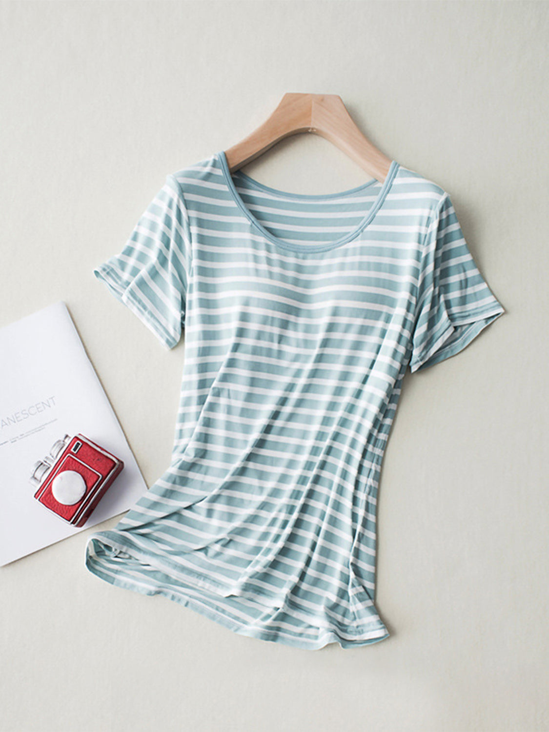 Striped Round Neck Short Sleeve T-Shirt with Bra Trandify Deal