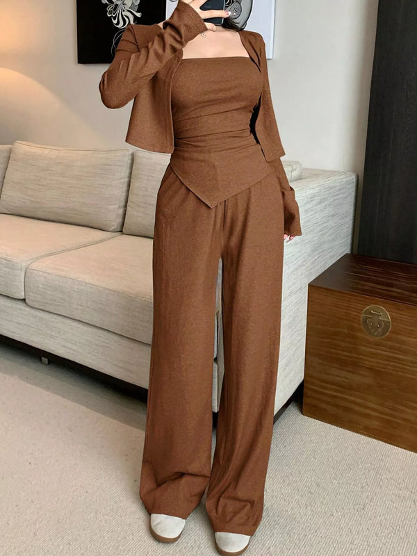 Women's 3-Piece Outfit: Tube Top, Cardigan & Wide-Leg Pants Set