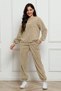 Corduroy Round Neck Sweatshirt and Sweatpants Set Trandify Deal