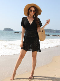 Openwork Plunge Short Sleeve Cover-Up Dress Trandify deal