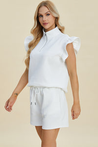 Double Take Texture Flounce Sleeve Top and Shorts Set - Trandify Deal