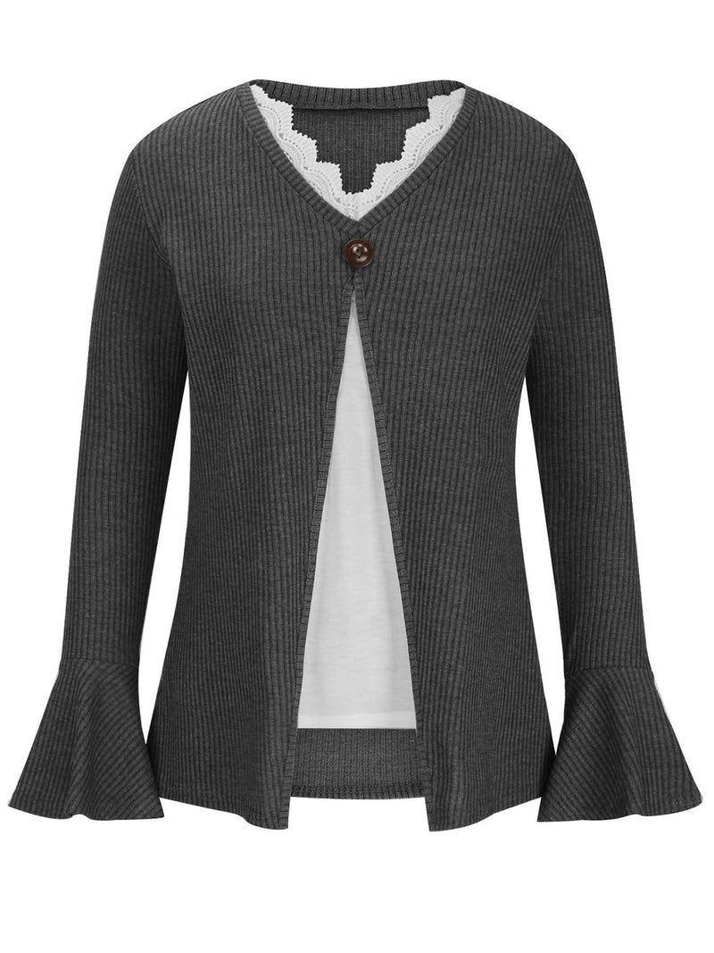 Faux Layered V-Neck Long Sleeve T-Shirt Trandify deal