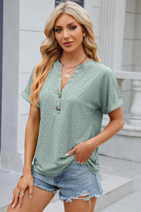 Eyelet Notched Short Sleeve T-Shirt Trandify deal