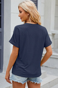 Eyelet Notched Short Sleeve T-Shirt Trandify deal