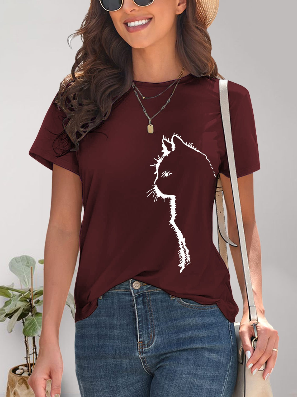 Cat Round Neck Short Sleeve T-Shirt Trandify deal