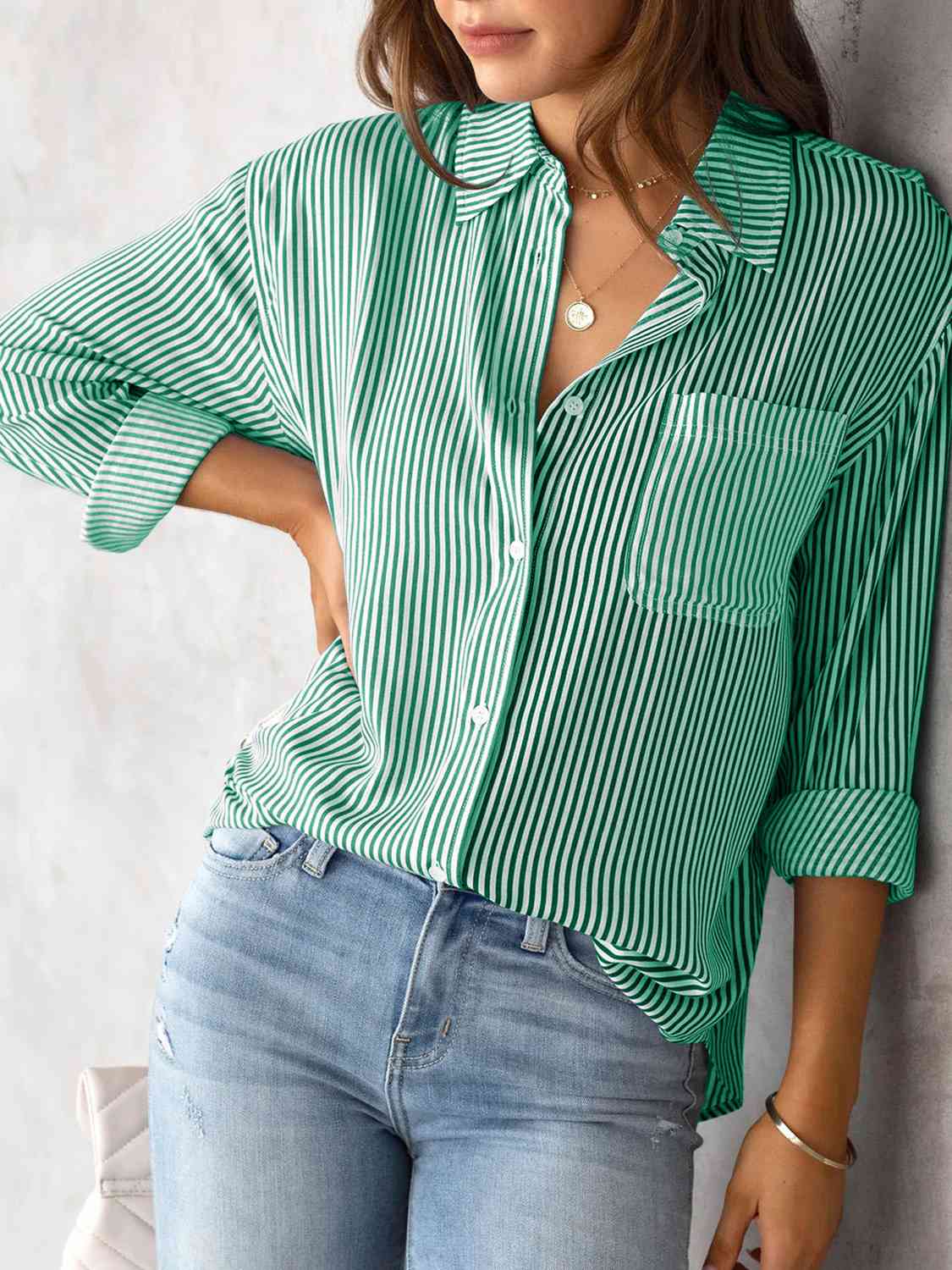 Striped Collared Neck Shirt with Pocket Trandify deal