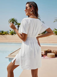 Smocked V-Neck Short Sleeve Dress Trandify deal