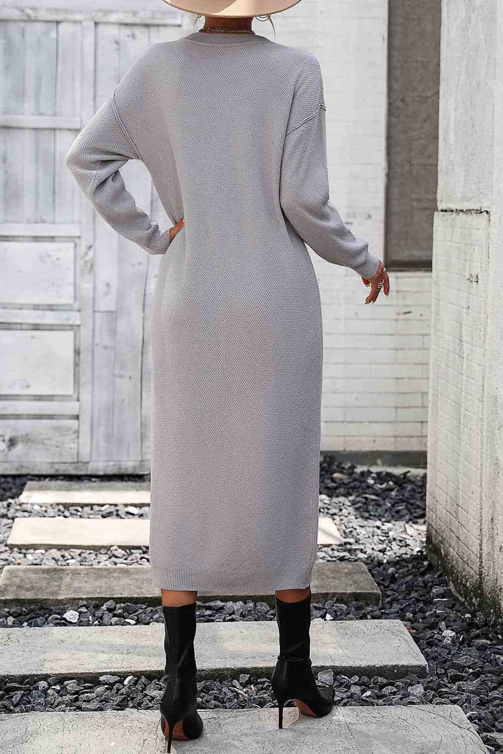 Notched Neck Dropped Shoulder Button-Down Midi Dress Trandify deal