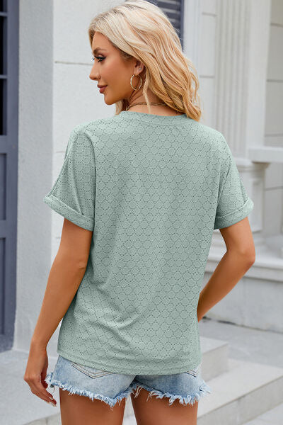 Eyelet Notched Short Sleeve T-Shirt Trandify deal