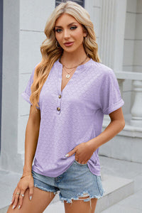 Eyelet Notched Short Sleeve T-Shirt Trandify deal