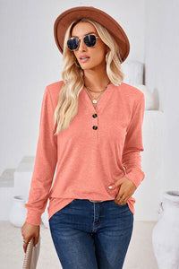 Notched Button Detail Long Sleeve T-Shirt Trandify deal