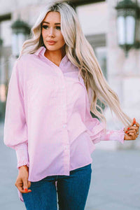 Striped Lantern Sleeve Collared Shirt Trandify deal