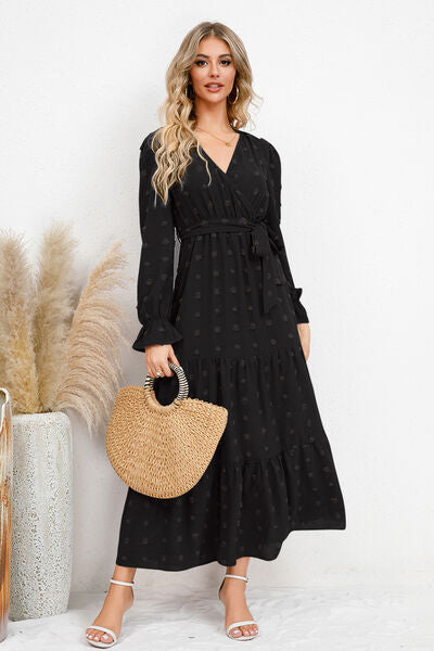 Swiss Dot Tied Surplice Flounce Sleeve Dress Trandify deal