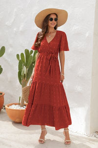 Swiss Dot Tied Surplice Short Sleeve Dress Trandify deal