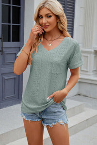 Eyelet V-Neck Short Sleeve T-Shirt Trandify deal