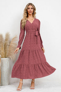 Swiss Dot Tied Surplice Flounce Sleeve Dress Trandify deal