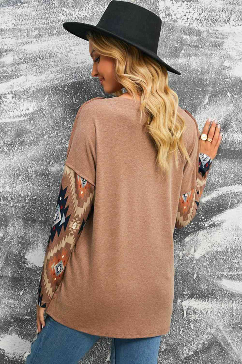Brown Western Print Buttoned V Neck Top Trandify deal