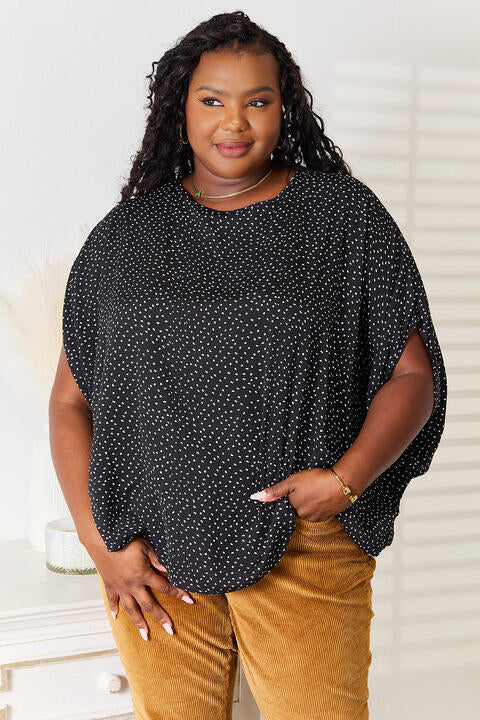Double Take Printed Dolman Sleeve Round Neck Blouse Trandify deal