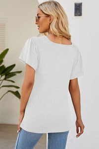 Smocked Round Neck Flutter Sleeve T-Shirt Trandify deal