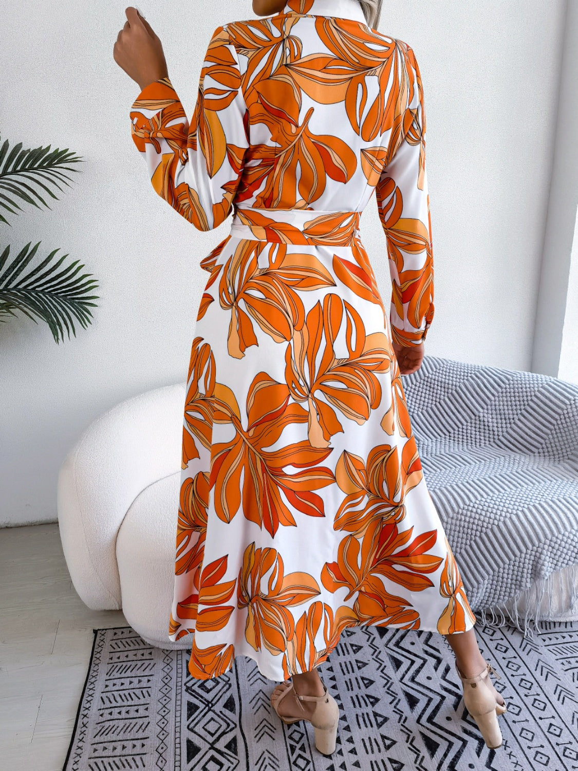 Tied Button Up Long Sleeve Dress Trendsi