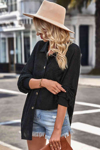 Waffle-Knit Collared Neck Dropped Shoulder Shirt Trandify deal