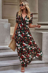Floral V-Neck Short Flounce Sleeve Dress Trandify deal