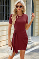 Ruched Tied Round Neck Mini Dress Trandify deal