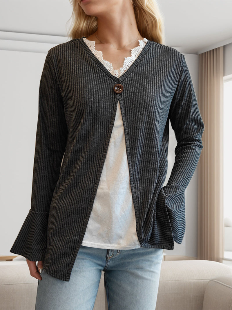 Faux Layered V-Neck Long Sleeve T-Shirt Trandify deal