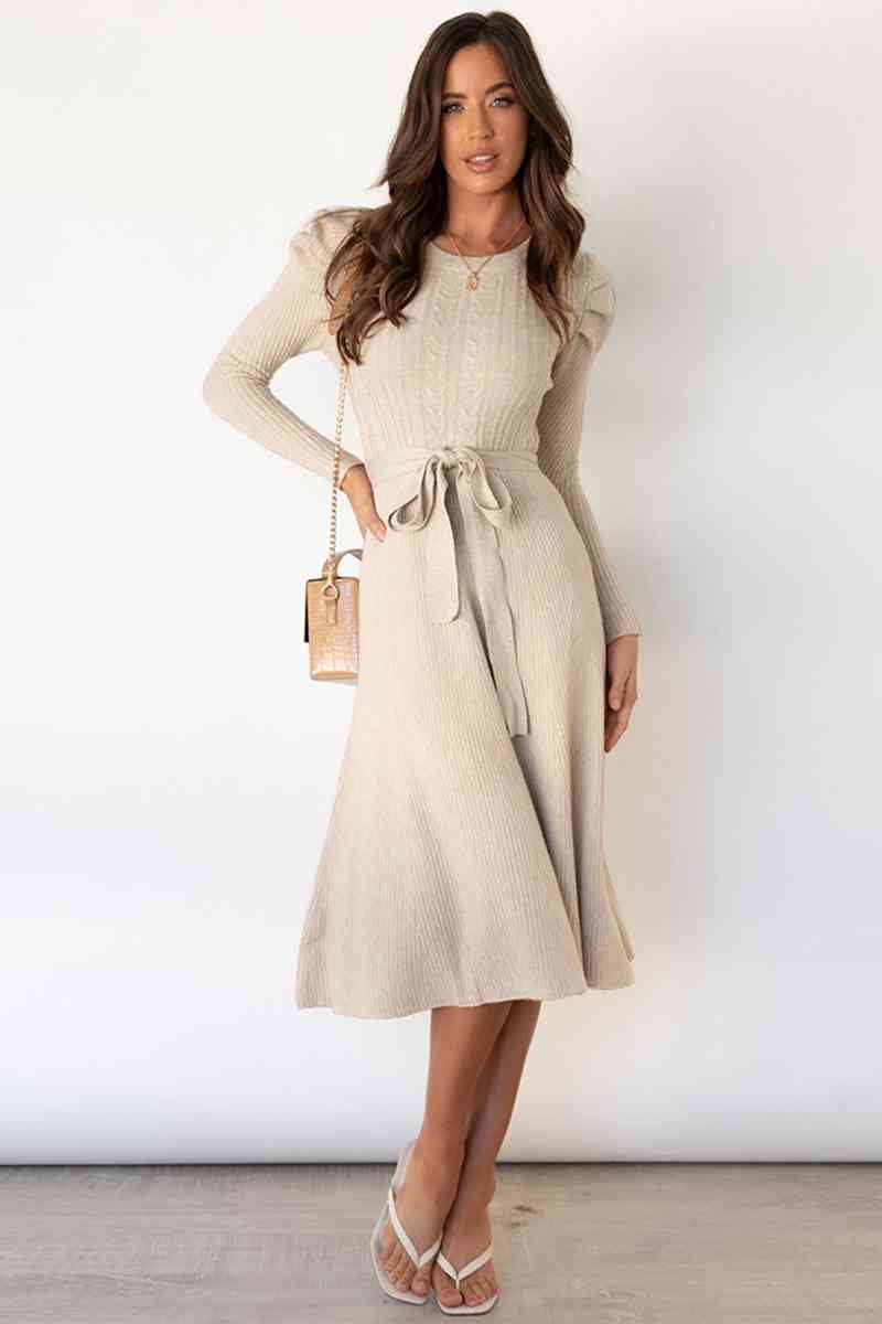 Round Neck Long Sleeve Tie Waist Sweater Dress Trandify deal