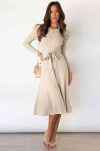 Round Neck Long Sleeve Tie Waist Sweater Dress Trandify deal