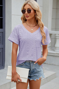 Eyelet V-Neck Short Sleeve T-Shirt Trandify deal